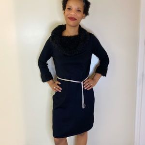 Spense black dress with fur collar and sleeves